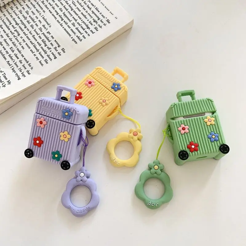 Beautiful Flower Suitacese Pattern Soft Silicone Protective Cover Shockproof Case Skin with Lanyard for Airpods 1/2 Charging Box