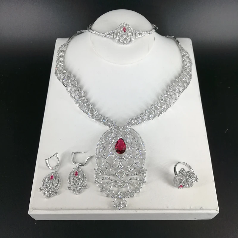 

2019 new fashion luruxy red CZ zircon necklace earring bracelet ring jewelry set wedding bride banquet dressing jewelry set