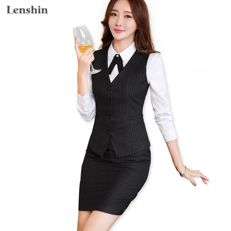 

Lenshin 2 Piece Set High-grade Fabric Formal Striped Vest Suit Waistcoat Women Down Coat Jackets Office Lady Business Wear