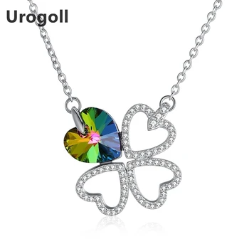 

Genuine 925 Sterling Silver Heart-Shaped Clover Necklace Crystal Stone With Hollow Clover Pendant Necklaces For Women jewelry