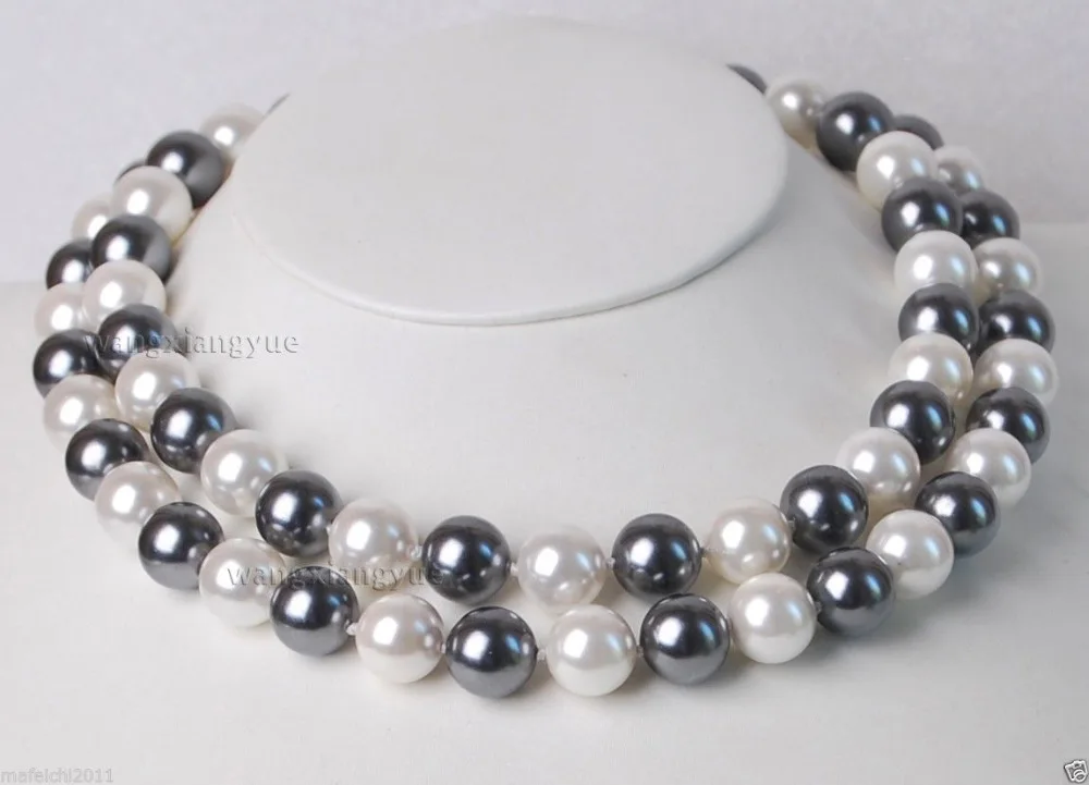 

Long 34"12MM Elegant white /black South sea Shell Pearl Necklace