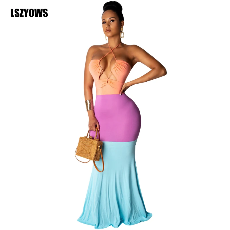 

Color Block Maxi Boho Dress Summer Women Halter Strapless Lace Up Bodycon Dress Sexy Backless Mermaid Party Long Dress Vestidos