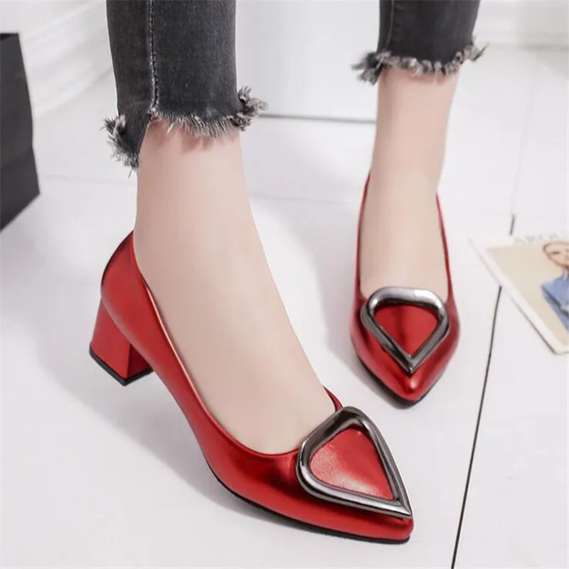 

sexy heels 2019 new ladies autumn high heels shallow mouth thick with casual peach heart buckle pointed shoes