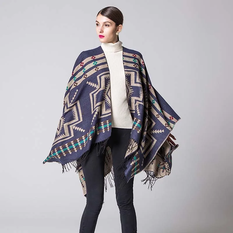 Lerfey Для женщин негабаритных свитер кардиган вязаный кардиган геометрический накидка Одеяло пончо Повседневное Теплая осень кисточкой шаль