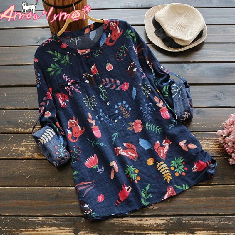 

Fox Printed O-neck Long Sleeve Cotton Linen Blouse Mori Girl 2019 Spring Women Blouse Tops Navy Blue White Blusas Femininas