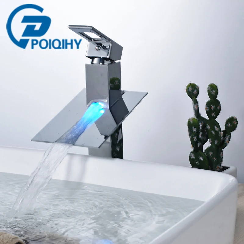

POIQIHY Bathroom Faucet Waterfall LED Spout Basin Faucets Chrome Finished Deck Mounted Mixer Tap Single Handle Single Hole