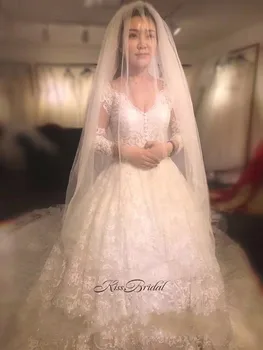 شراءفستان زفاف دانتيل عتيق رداء دي ماريج 2018 فستان زفاف ملكي فاخر بأكمام طويلة مشد ظهر