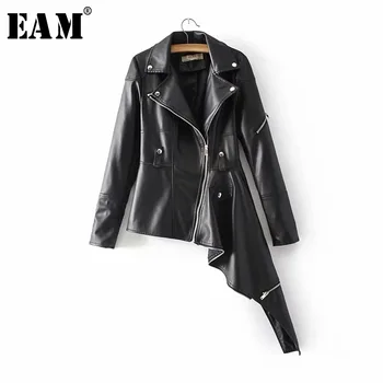 

[EAM] 2020 New Spring Full Sleeve Turn-down Collar Asymmetrical Zipper Beading PU Jacket Women Fashion Tide OB152