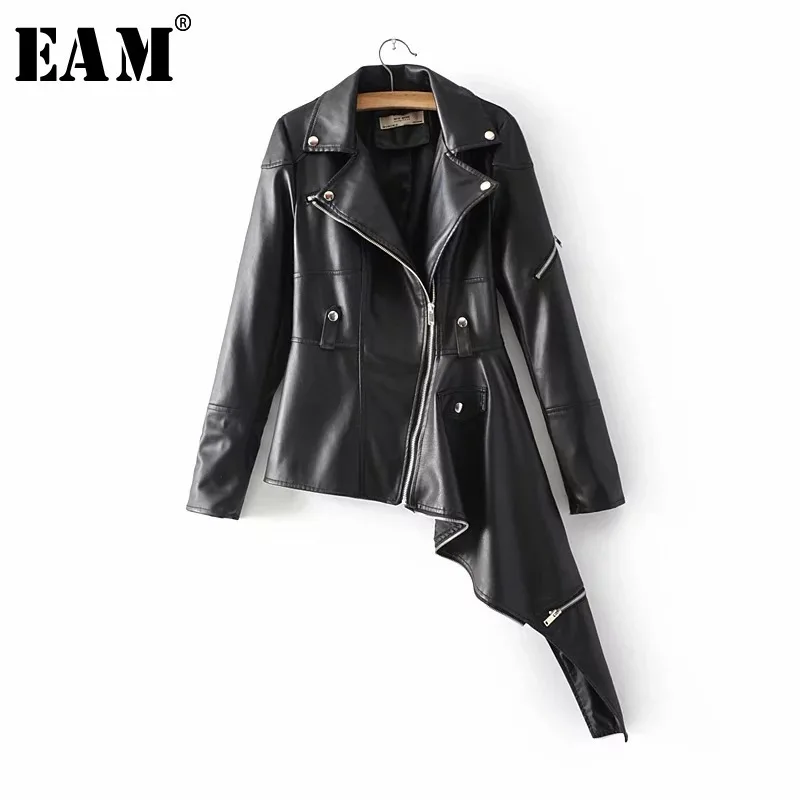 

[EAM] 2019 New Spring Full Sleeve Turn-down Collar Asymmetrical Zipper Beading PU Jacket Women Fashion Tide OB152