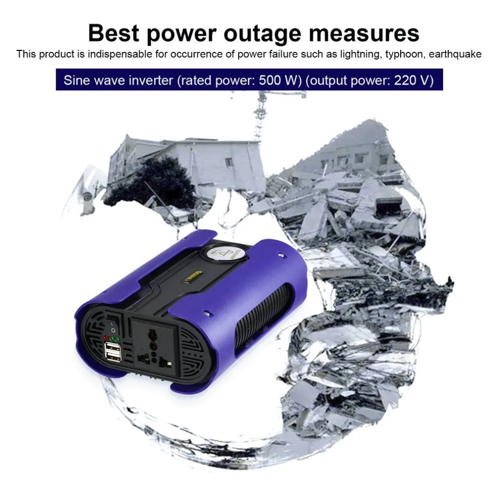 

OCDAY New Auto 500W Pure Sine Wave Power Inverter DC 12V to 220V AC Car Power Converter With 2 USB Port For Home Appliance Hot