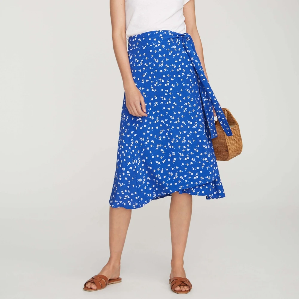 

skirts women summer Floral print A-Line skirts elegant blue Mid-Calf Bohemian high waist skirt