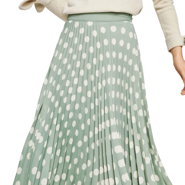 

2018 New Summer Female Green Pleated Skirts Women Lenient Polka Dot Loose Casual Skirt Feminine Daily Leisure Pop Streetwear