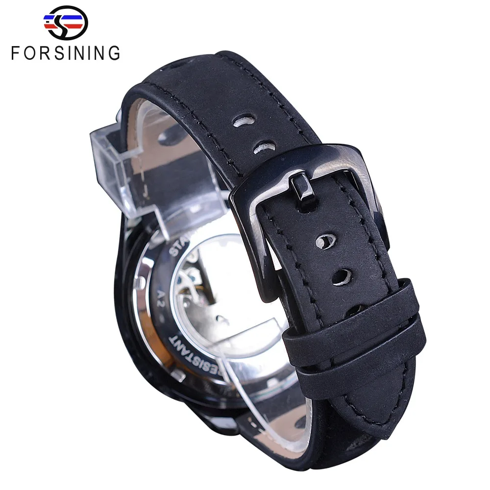 Мужские часы Forsining Blue Hardlex прозрачные автоматические из стекла и кожи черного