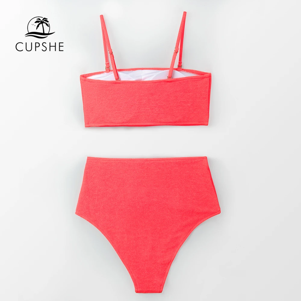Kaufen CUPSHE Sexy Neon Rosa High Taille Bikini Sets Frauen Bandeau Zwei Stück Badeanzüge 2020 Mädchen Strand Badeanzüge