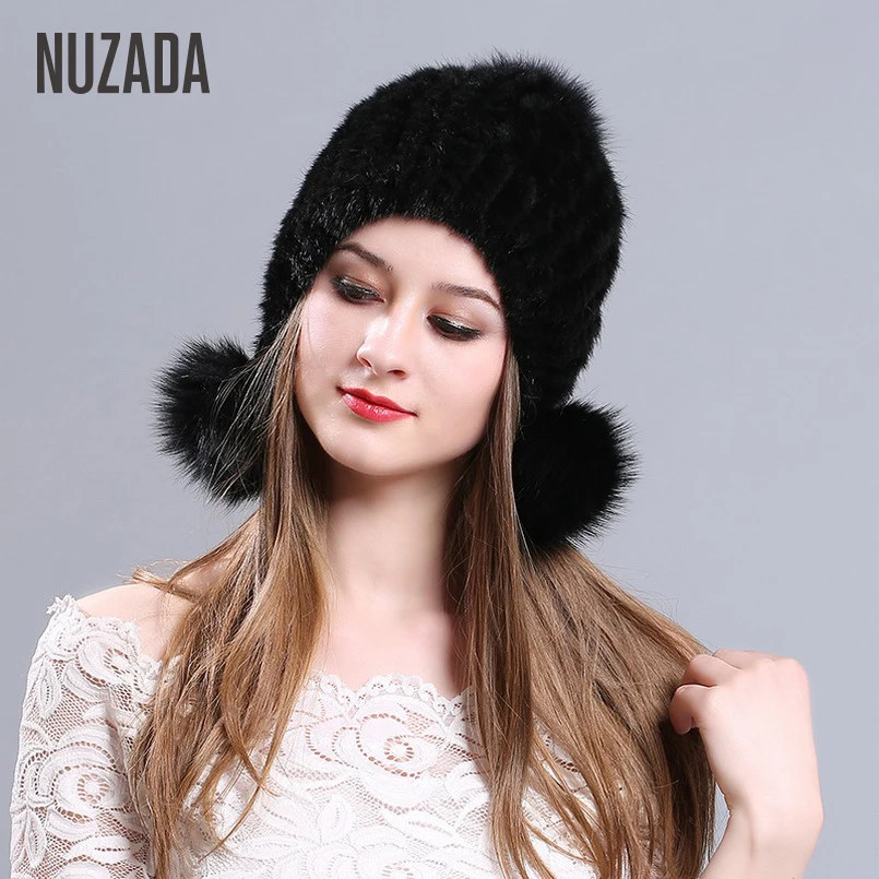 

High Grade Fashion NUZADA Winter Hat Cap Real Mink Fur Knitted Caps Women Lady Girl Skullies Beanies Keep Warmth Effect
