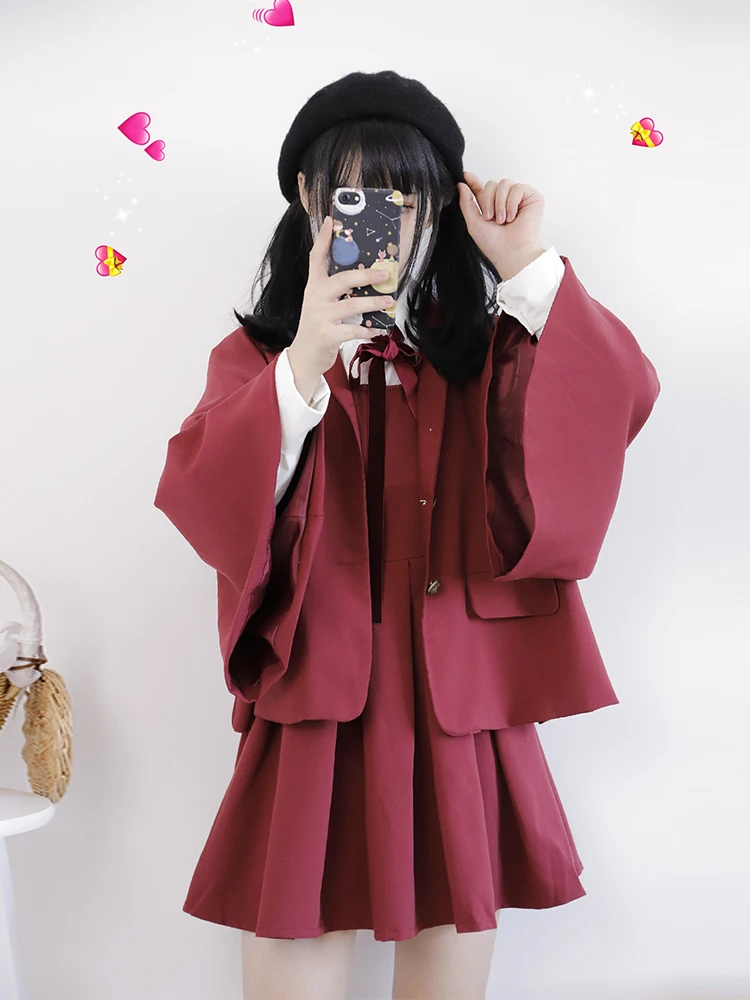 

Preppy Style Girls' 2Pcs Set:Sleeveless Mini Pleated Dress One Piece + Flare Sleeve Loose Coat Cute Sweet Autumn Women Fashion