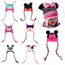 Зимняя шапка для новорожденных, реквизит для фотосессии, аксессуары для малышей, Мультяшные вязаные шапочки ручной работы с косичкой, животные, Bebe, реквизит для детской фотосессии 0-3 м