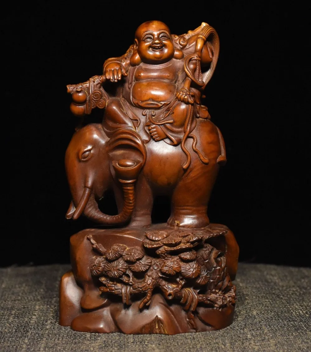 

wedding decoration Chinese Buddhism Boxwood wood carve elephant Happy Laugh Maitreya Buddha Statue