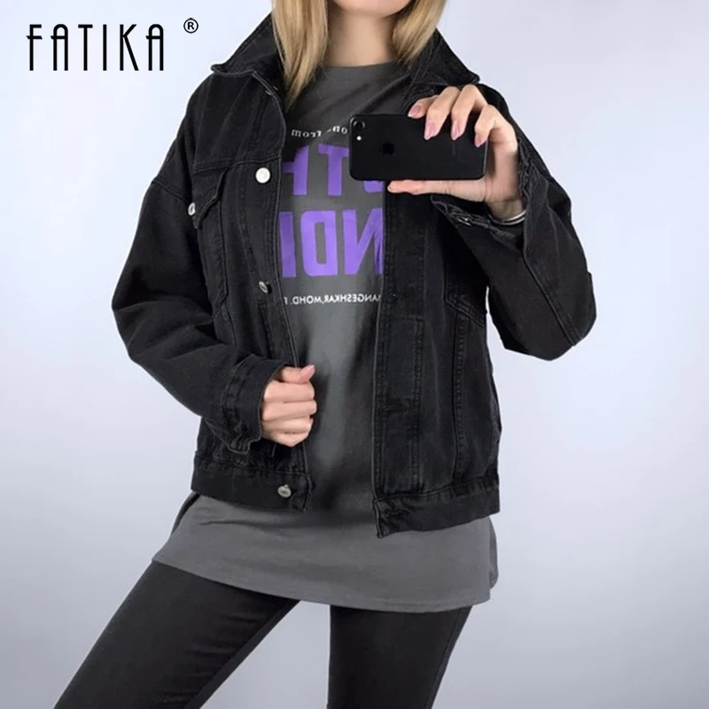 FATIKA النساء عارضة أسود الصلبة اللون الدينيم الستر المرأة 2019 الربيع الخريف عارضة بدوره إلى أسفل طوق جيوب سترة