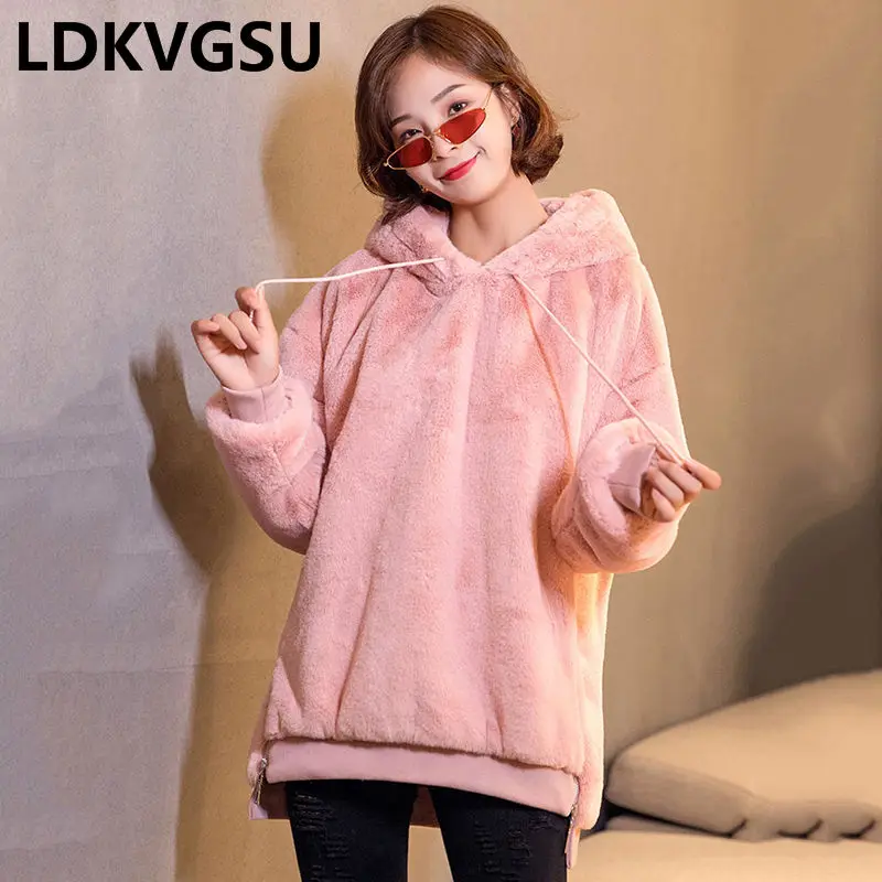 

Lazy Sweatshirt 2018 Autumn Winter New Female Long-Sleeved Korean Loose Plush Pullover Hooded Plus Velvet Faux Fur Coat Is1186