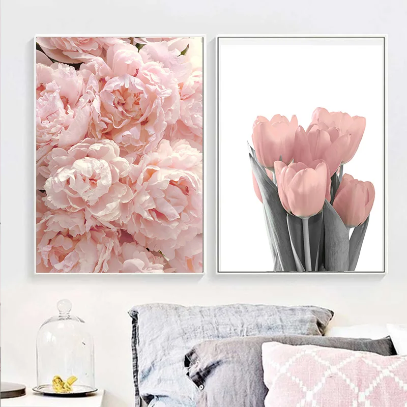 Розовый пион тюльпаны розовая Цветочная стена искусство холст картина нордический минимализм плакаты и принты настенные картины для декора гостиной