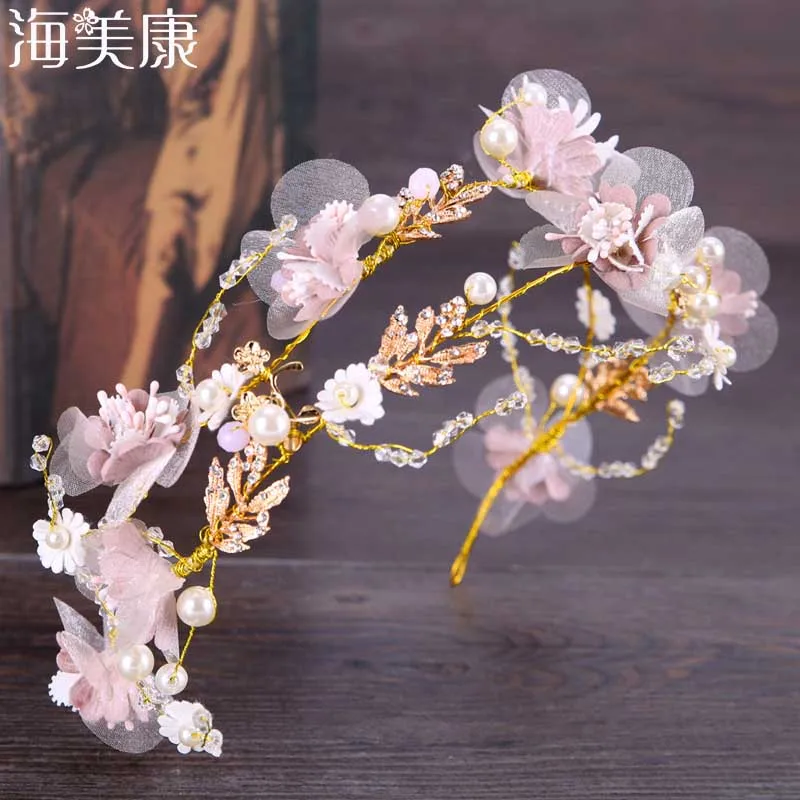 

Haimeikang Silk Yarn Flower Bride Headdress Beauty Wedding Hair Accessories Pink Hair Ornament Bridesmaid Headband Headwear