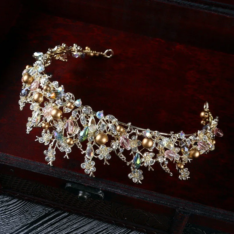 Luxury Pink Gold Pearl Bridal Crowns Handmade Tiara Bride Headband Crystal Wedding Diadem Queen Crown Wedding Hair Accessories