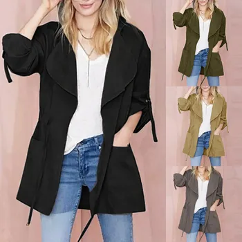 

Female Long Sleeve Drawstring Coat Jacket Windbreaker hot Tops fashion Women's hooded pocket long daily coat haut femme manche
