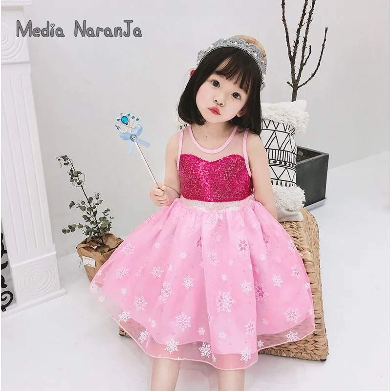 

children's Day gift INS snowflake sequin princess gauze summer dress baby kids girls blue pink birthday party photo clothes