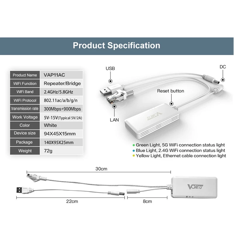 Vonets Vap11Ac Dual Band 2,4 ГГц 300 Мбит/с, 5 г 900 Мбит/с 802,11 Ac/N беспроводной портативный WiFi повторитель/мост для мониторинга безопасности