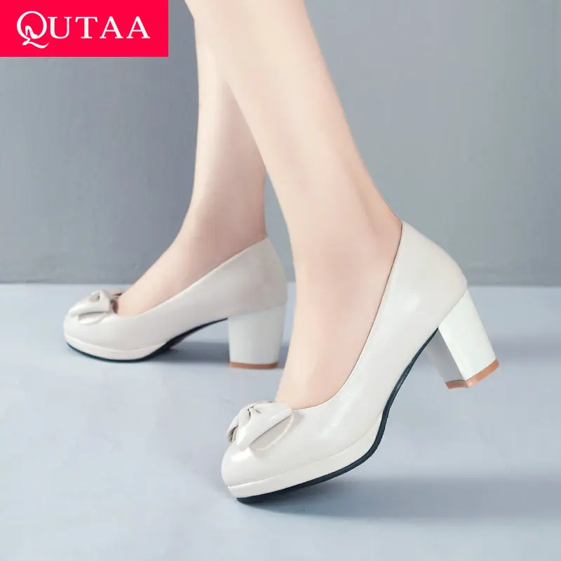 

QUTAA 2019 Women Shoes Pink Pu Leather Women Pumps Platform Square High Heel Spring/autumn Casual Ladies Pumps Size 34-43