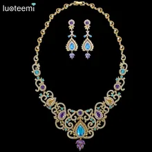 LUOTEEMI Brand Luxury Wedding Jewelry Sparkling Top Quality Cubic Zircon Bridal Flower Necklace Earrings Sets Brincos Bijoux