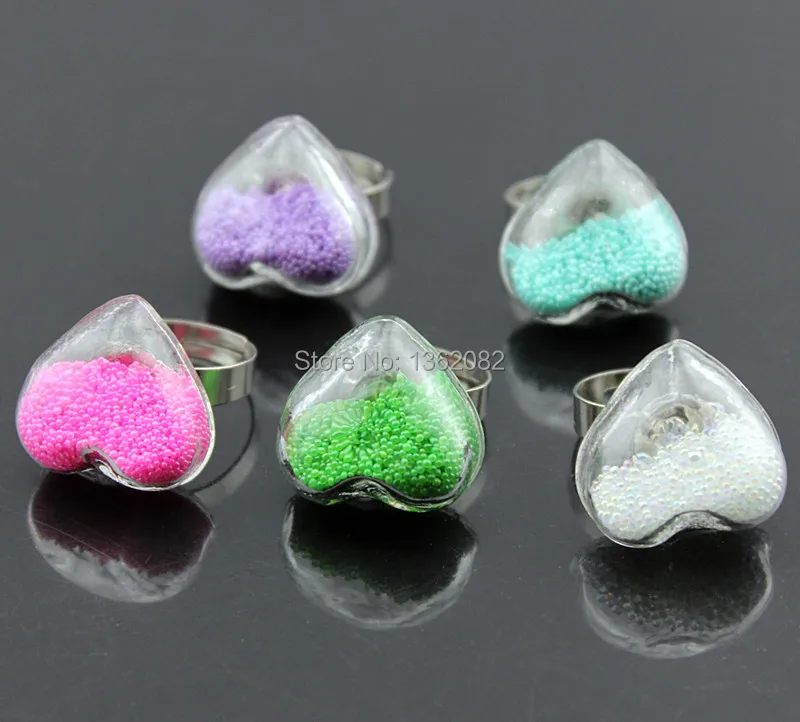 

Girl Women's Heart Murano Glass Ring Seed Beads Glass Globe Bubble Pylone Ring Wishing Bottle Opening Rings Gift MR113