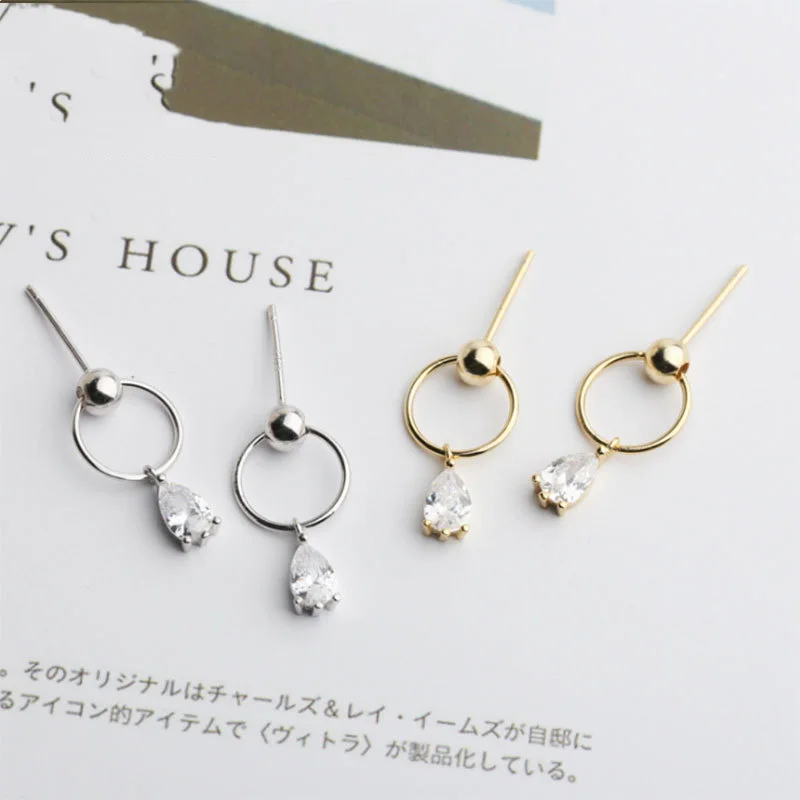 

925 Sterling Silver Geometric Round Circle Drop Dangle Earrings For Women Zircon Pendant Short Eardrop Femme Jewelry Accessories