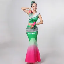 Дай танцевальные Костюмы Павлин costumeschinese народный танец национальный танец Костюмы Ethinc упругие блестками рыбий хвост костюм