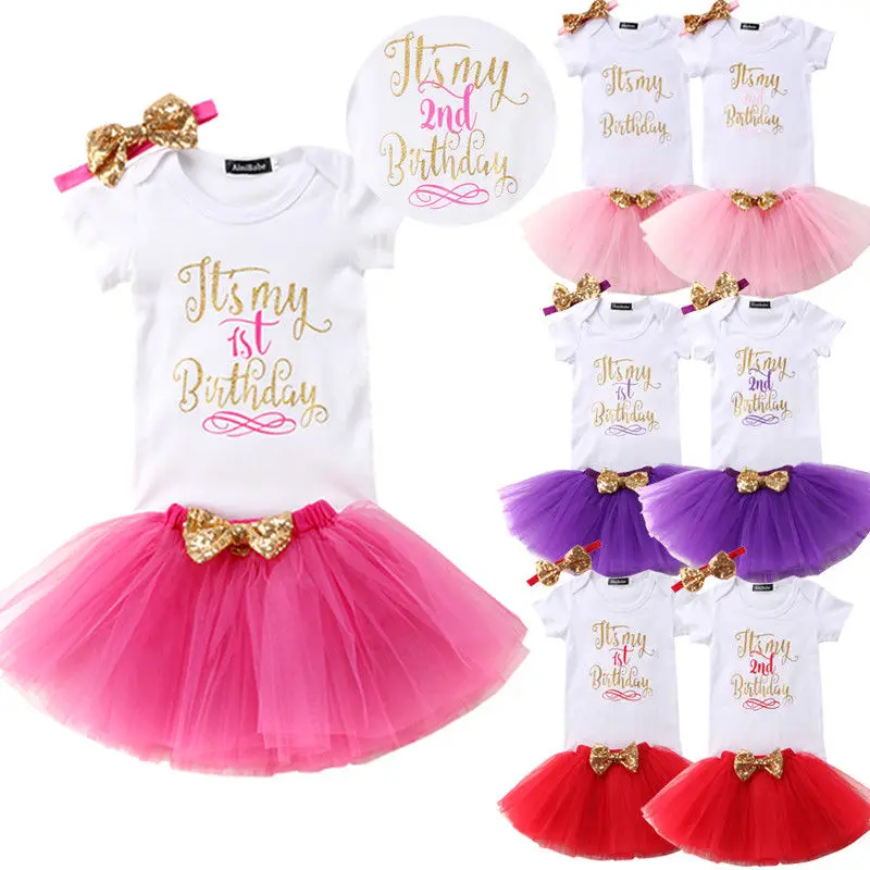 

HOT Sweet 3PCS Girl Set 1Y-2Y Lace Birthday Baby Girls Kids Romper Jumpsuit Mash Lace Skirt Party Dress Formal Gown