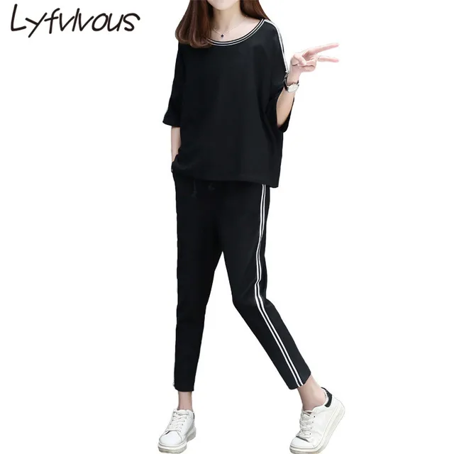 Special Offers New Spring Summer Half Sleeve Slim O-neck Tops+ Pants Casual Loose Plus Size 3XL Women's two-piece suit Solid stripe Sports Set Special Offers New Spring Summer Half Sleeve Slim O-neck Tops+ Pants Casual Loose Plus Size 3XL Women's two-piece suit Solid stripe Sports Set