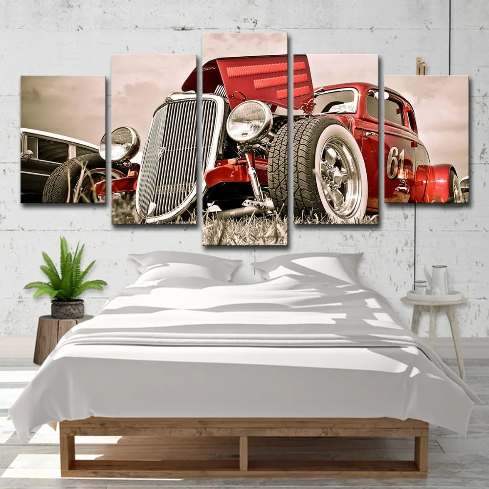 5P0005 Canvas Wall Art Pictures Home Decor 5 Pieces Hot Rod Red Front View Wheels Paintings Living Room HD Prints Car Poster Framework  (10)
