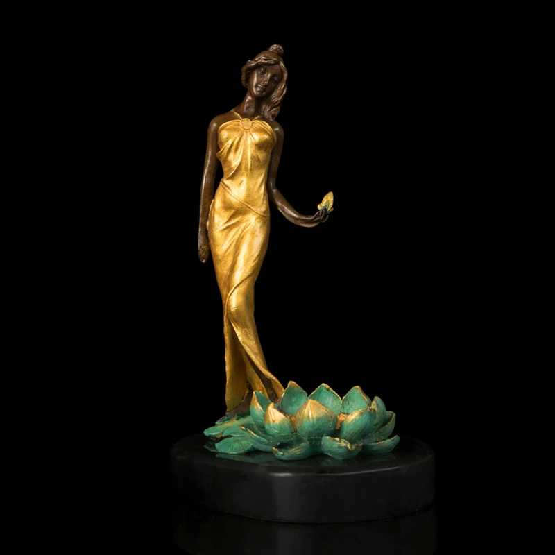 Door to Door Classical Bronze Lady Statue with lotus flower figurines