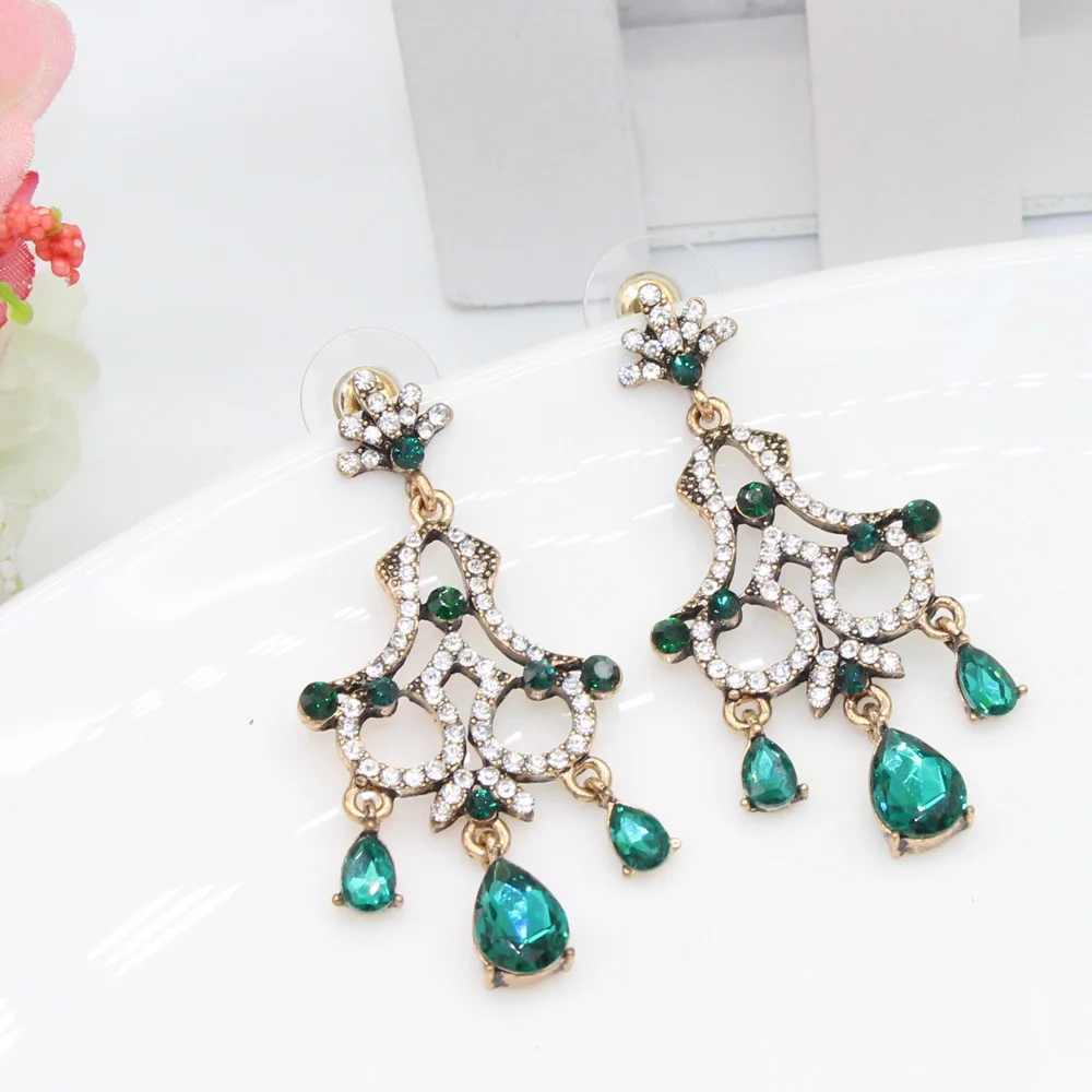 

2017 Vintage Morocco Earring Women Jewelry Artificial Rhinestone Flower Antique Gold Color Princess Long Water Drop Earrings