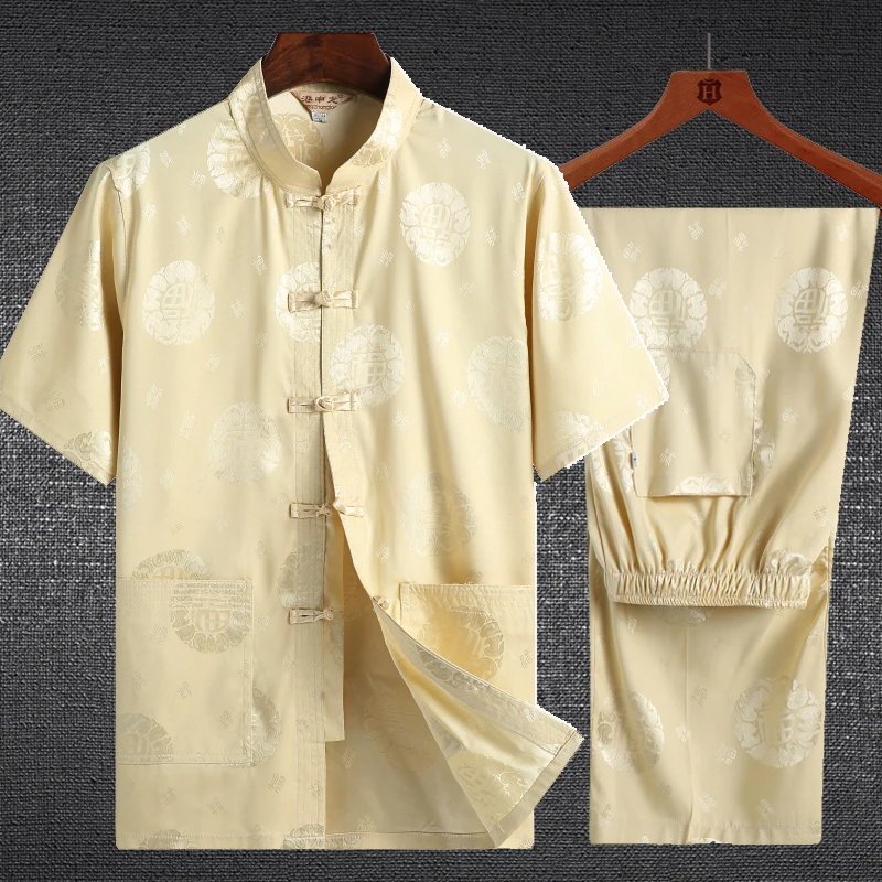 

LOLDEAL Male Silk Blessing Tang Suit Suit Male National Short-sleeved T-shirt Trousers Shirt and Shorts Set Men