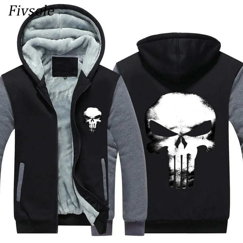 

Fivsole USA Size Punisher Hoodies Men's Jacket Winter Coat Men Loose Wool Liner Fleece Skulls Print Sweatshirts Zip up Hoody Man