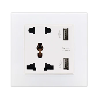 

New Luxury Glass Panel Wall Power Socket Plug, Universal 5 Hole Electrical Outlet With 2100mA Dual USB Charge Port for Mobile
