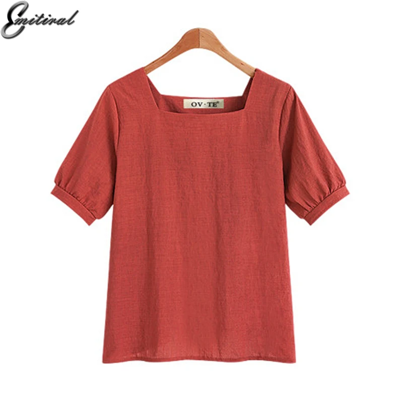 

Emitiral Summer Linen Women Blouses Short Sleeves Square Neck OL Female Shirts Casual Tops Red Black Simple Blusa Women Clothing