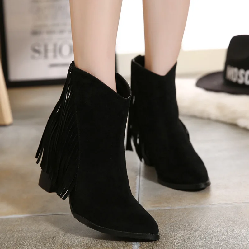 De Zapatos Botas Zip Cuadrado Punta Negro Tacón Chelsea Fringe Rebaño Moda amarillo Mujeres Más Otoño Las Tamaño Retro Alta Madura wqXa5A