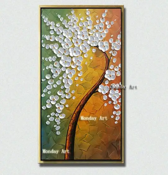 Большая лучшая ручная роспись толстый нож цветок картины маслом 3D золотое дерево картины маслом настенные картины на холсте для гостиной - Цвет: Светло-зеленый