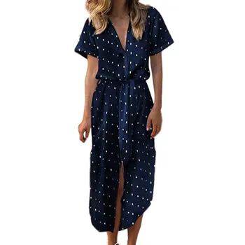 

2019 Summer Womens Sexy Button Daily Bow Tie V Neck Polka-Dot Dress White Short Sleeve Casual Fashion Long Dress Freeship N4