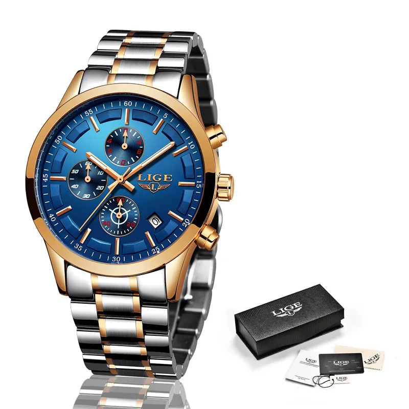 Relojes Hombre LIGE мужские часы Топ бренд класса люкс бизнес синий циферблат полностью стальные водонепроницаемые новые часы мужские спортивные кварцевые часы - Цвет: rose gold blue