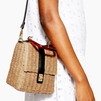 

Vintage Box Women Shoulder Crossbody Bags Casual Amber Acrylic Handle Handbag Wicker Summer Beach Mini Rattan Woven Straw Bags