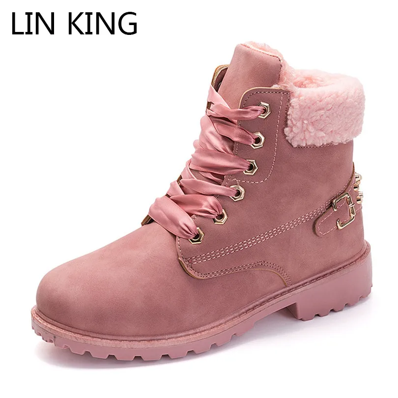

LIN KING New Warm Plush Women Winter Shoes Lace Up Ladies Rivets Short Boots Cotton Padded Short Botas Solid Work Safety Boots
